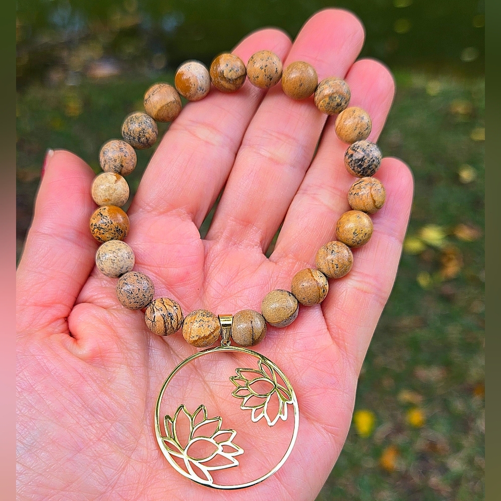 Natural Stone Beaded Bracelet with Gold Lotus Pendant